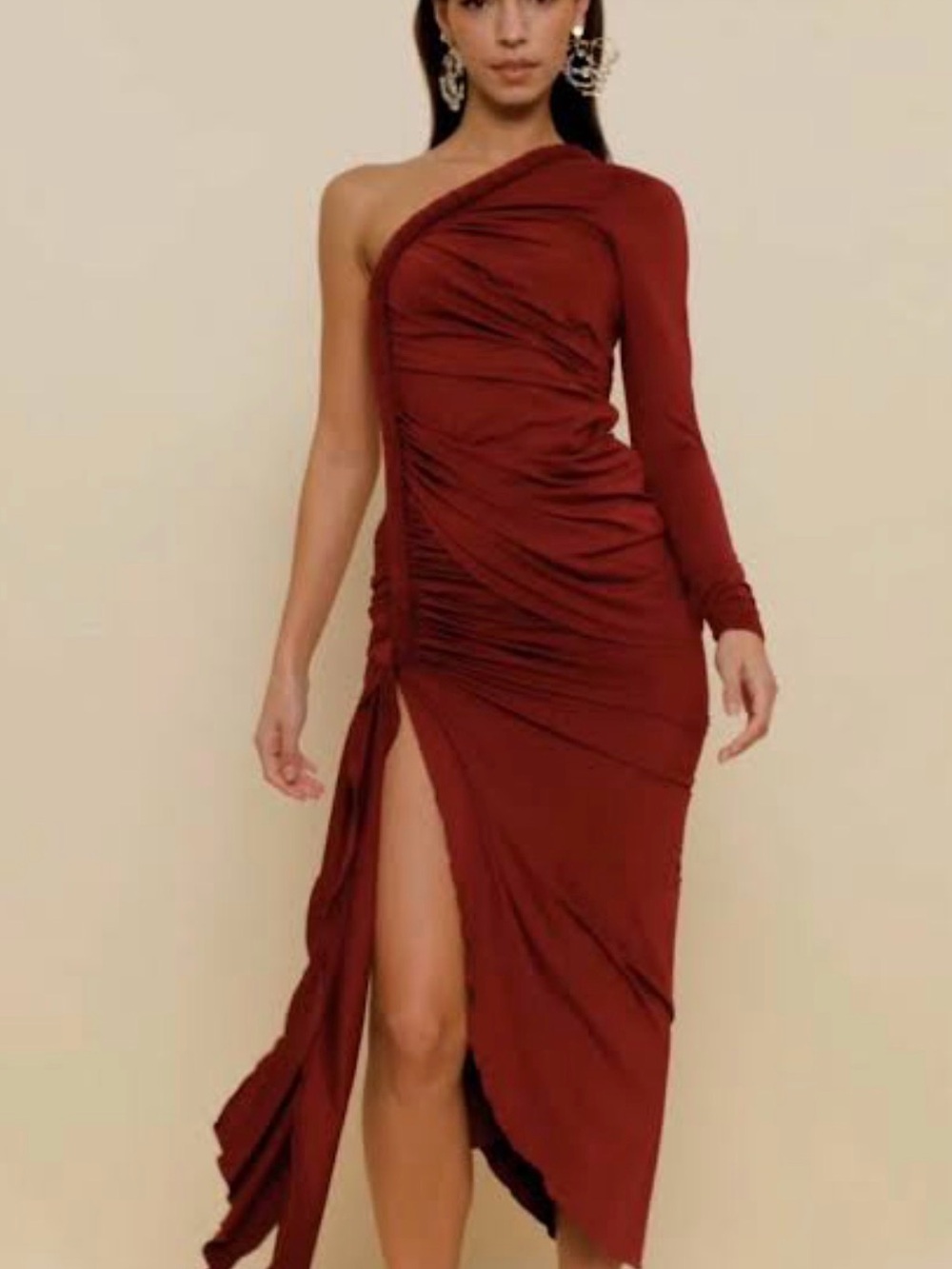 Andrea Iyamah One-Shoulder Ruched Wine Red Gown